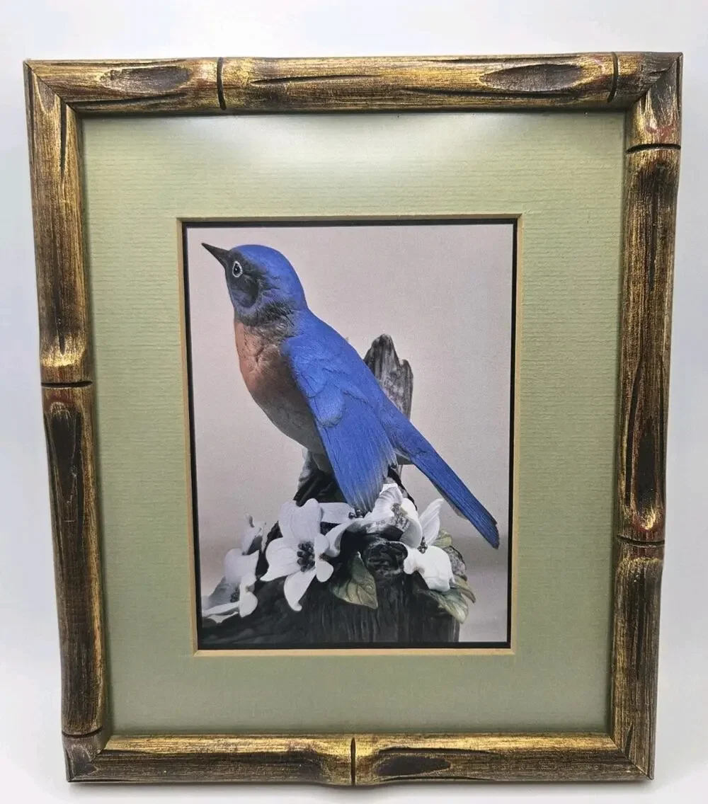 10x8.5in Bluebird On Flowers Vintage Floral Cottagecore Antique Bamboo Frame